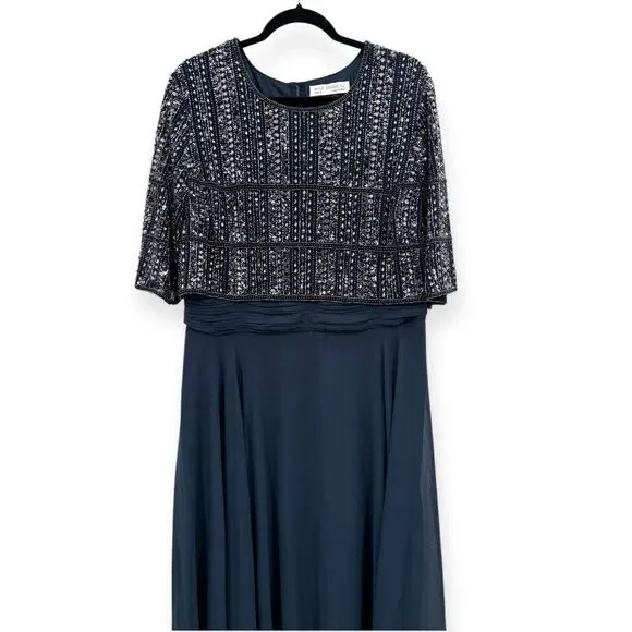 Mac Duggal NEW Chiffon Gown w/ Fully Beaded 3/4 Sleeve Top Navy $598 - Size 18 - Picture 4 of 13